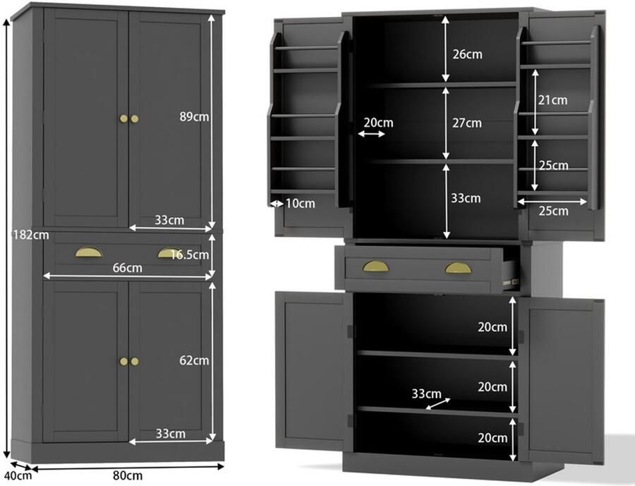 Ulife Opbergkast 182 cm 4 deuren en 1 schuurlade 2 deuren met oplagvlak 6 opbergniches en 4 instelbare oplagvlakken geschikt voor keuken eetkamer en woonkamer zwart