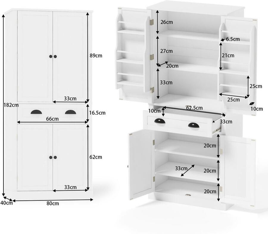 Ulife Opbergkast 182 cm 4 deuren en 1 schuurlade 2 deuren met oplagvlakken 6 opbergniches en 4 instelbare oplagvlakken geschikt voor keuken eetkamer en woonkamer wit