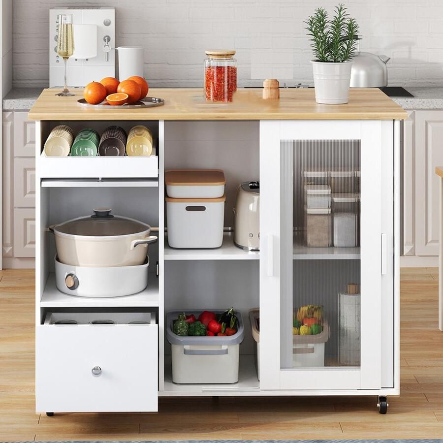 Ulife Opklapbare keukeneilandwagen 112x46(69)x91cm eiken meubel wijnrek lades geglazuurde schuifdeuren verstelbare inlegplanken mobiel eiland