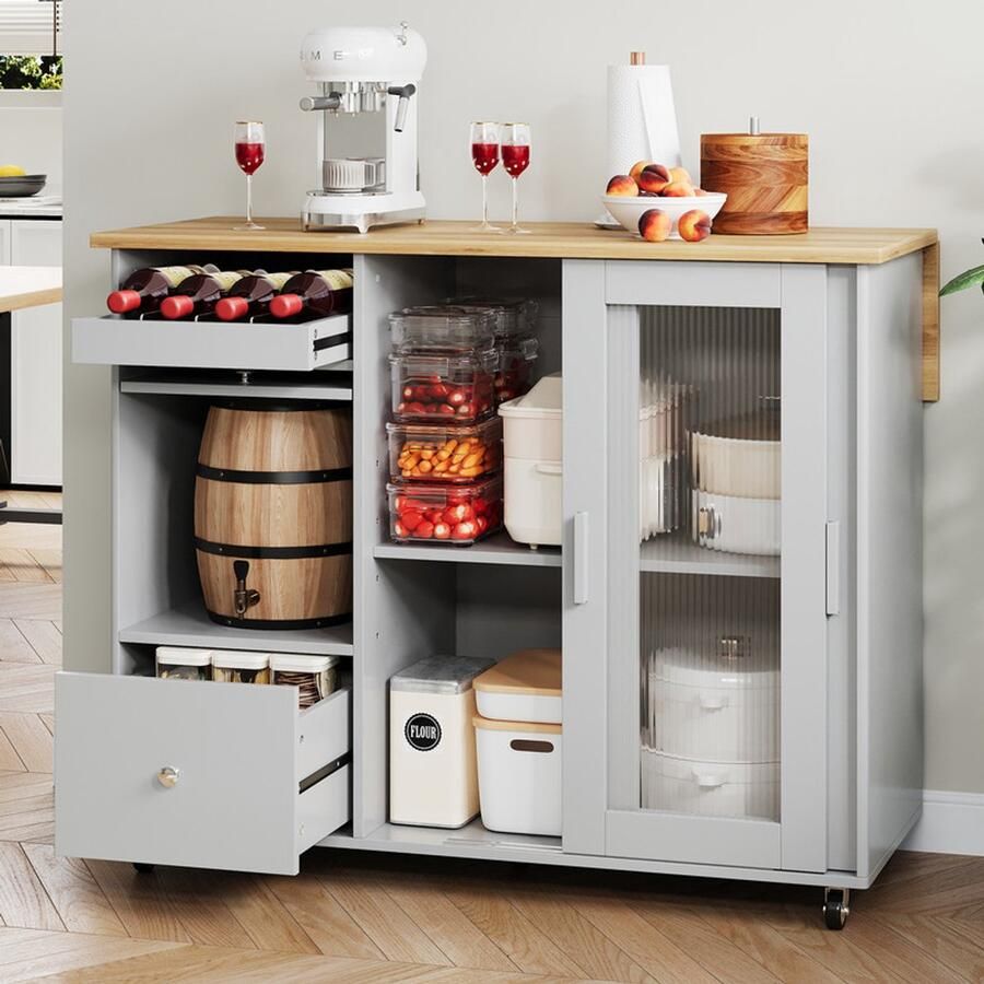 Ulife Opklapbare keukeneilandwagen 112x46(69)x91cm eiken meubel wijnrek lades geglazuurde schuifdeuren verstelbare inlegplanken mobiel eiland