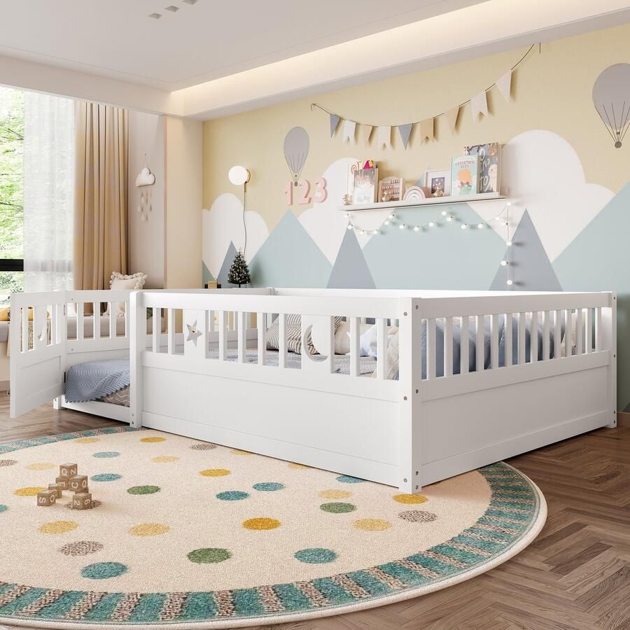 Ulife Paneelbed 140 x 190 cm kinderbed met spijlen sterren- en maandecoratie zonder matras minimalistische stijl wit Paneelbed 140 x 190 cm kinderbed met spijlen sterren- en maandecoratie zonder matras minimalistische stijl wit