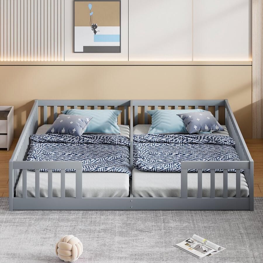 Ulife Paneelbed 90 x 200 cm kinderbed met spijlen met lattenbodem (zonder matras) voor gezinnen met twee kinderen grenenhout minimalistische stijl grijs