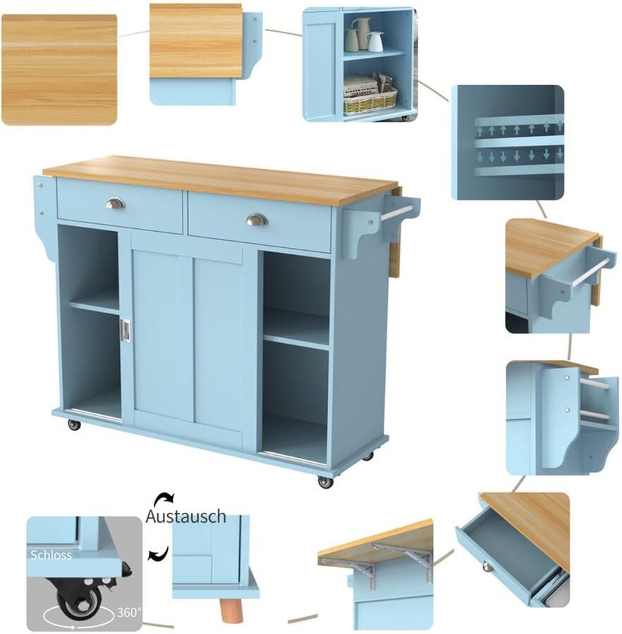 Ulife Servieskar Buffetkast 112x40(70)x94 cm blauw opklapbaar massief houten werkblad opbergdeur wieltjes geschikt voor keuken & eetkamer - Foto 2