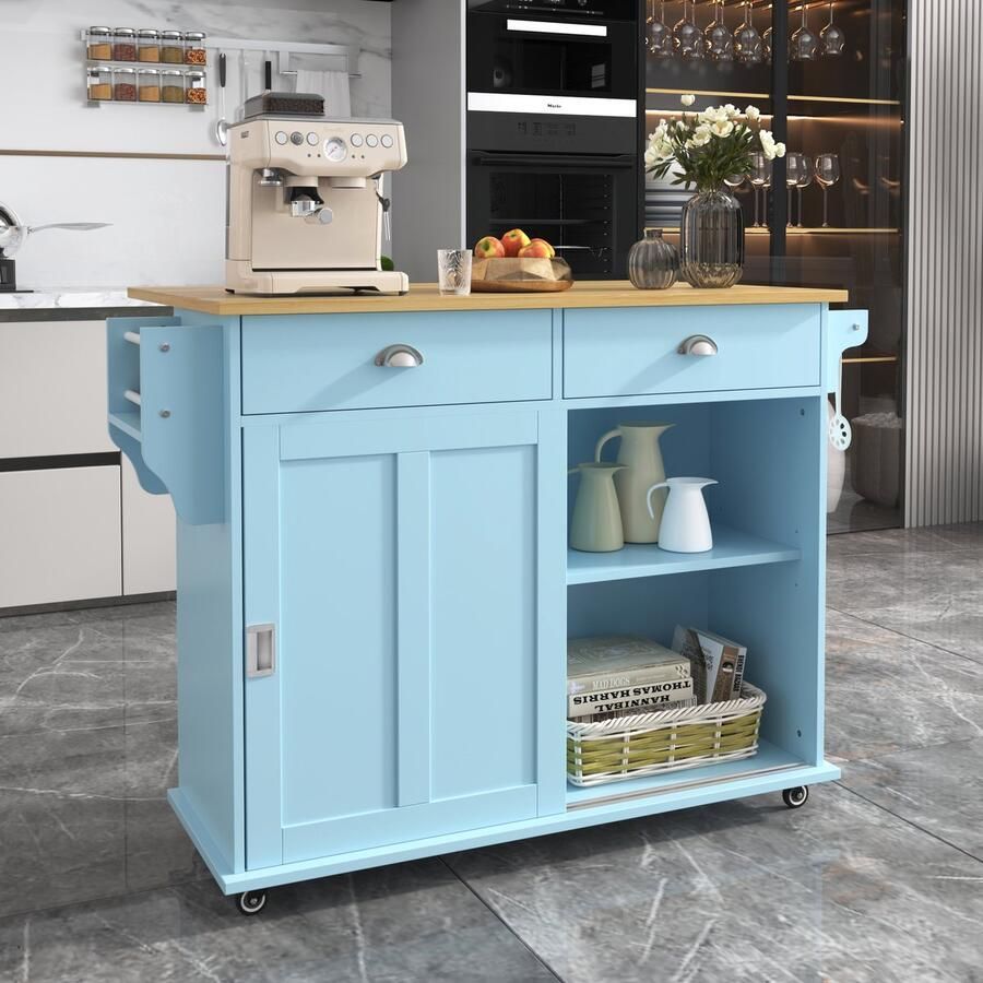 Ulife Servieskar Buffetkast 112x40(70)x94 cm blauw opklapbaar massief houten werkblad opbergdeur wieltjes geschikt voor keuken & eetkamer
