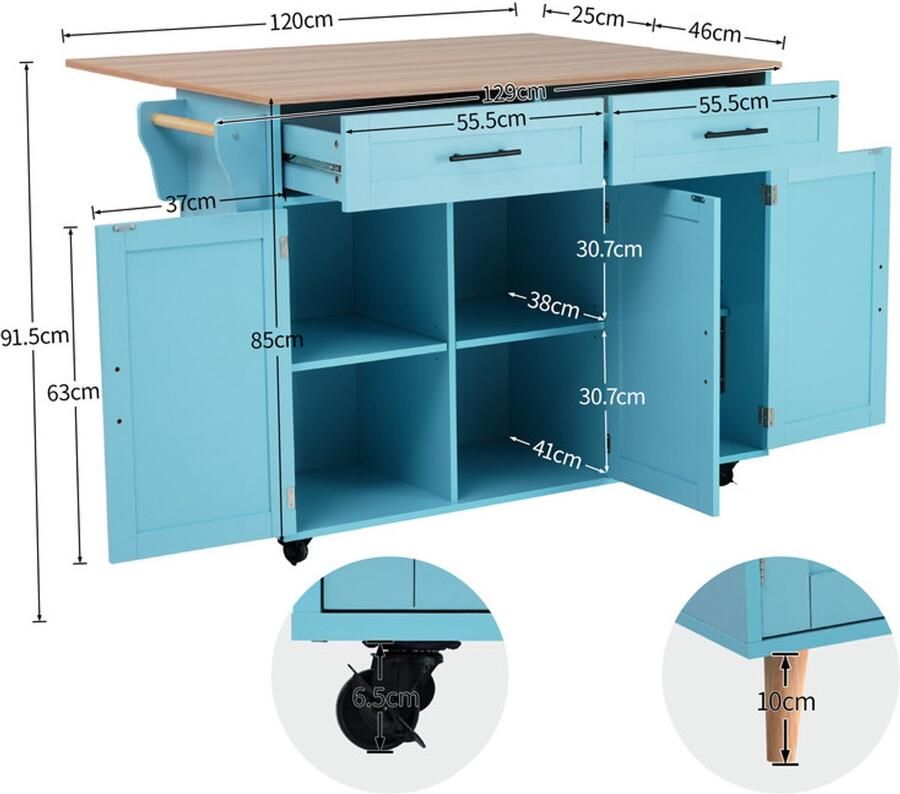 Ulife Servieswagen Buffetkast met opklapbaar tafelblad 129x46(71)x91 5 cm inlegplanken in de deuren keukeneiland op 5 wielen opbergruimte en 2 lades eetkamer wit + blauw - Foto 2