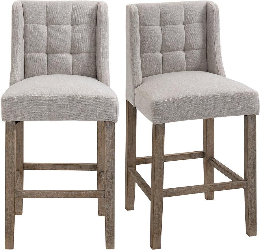 Ulife Set van 2 barkrukken met rugleuning barkrukken met knoopstiksel massief hout inclusief voetenbankje 47 cm x 50 cm x 101 cm grijs + naturel