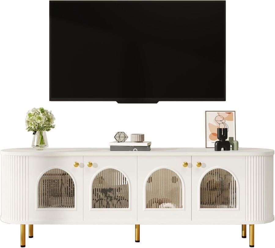 Ulife tv-kast lowboard met glazen deuren praktisch opbergmeubel voor de woonkamer gouden handgrepen en poten