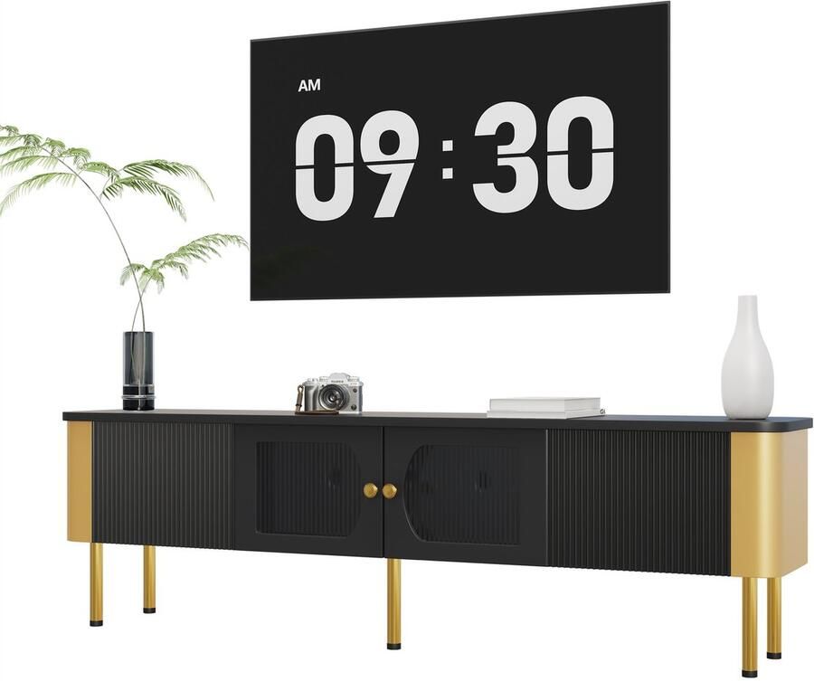 Merax Tv-meubel met lades en speciaal gevormde deurpanelen gouden handgrepen en poten boogvorm zwart