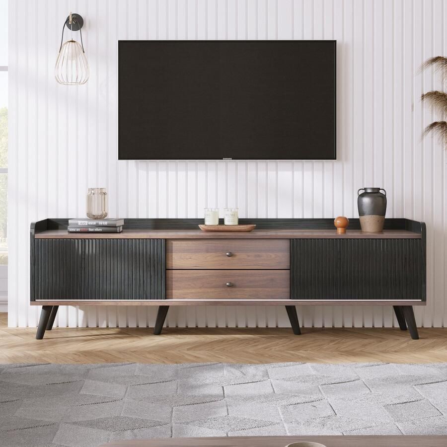 Ulife Tv-kast met twee lades tv-tafel tv-lowboard met laag blad en twee schuifdeuren. Exquise textuur. Zwart en natuurlijke houtkleur. H58 L160 D40 cm - Foto 2