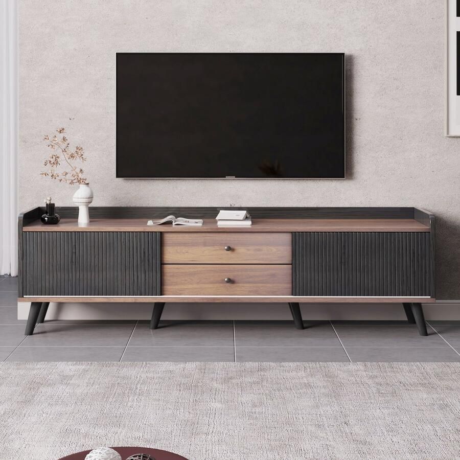 Ulife Tv-kast met twee lades tv-tafel tv-lowboard met laag blad en twee schuifdeuren. Exquise textuur. Zwart en natuurlijke houtkleur. H58 L160 D40 cm