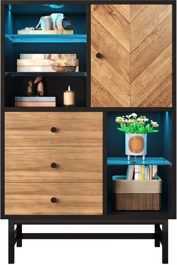 Merax Vitrinekast met 12 kleuren LED lichtstrip keukenkast met lades en glazen legplanken driehoekige houtnerf