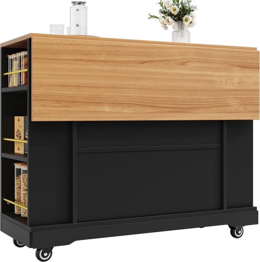 Ulife Zwart modern kookeiland buffetkast houtnerf voedselwagen multifunctionele eettafel met opbergruimte
