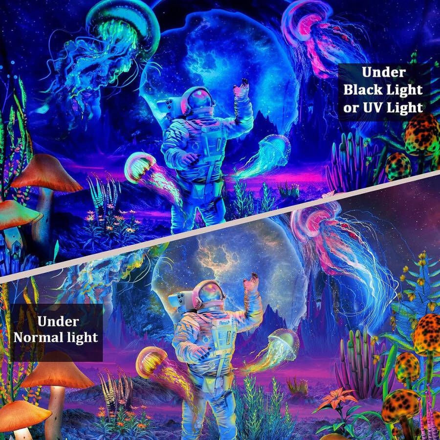 Ulticool Wandkleed 200x150 cm – met Bevestigingspinnen Astronaut Natuur Hippie Galaxy Heelal Planeten Zonnestelsel Psychedelic Glow in the Dark feestartikelen Groot Wandtapijt Poster Tapestry neon verlichting UV lamp blacklight lampen - Foto 2