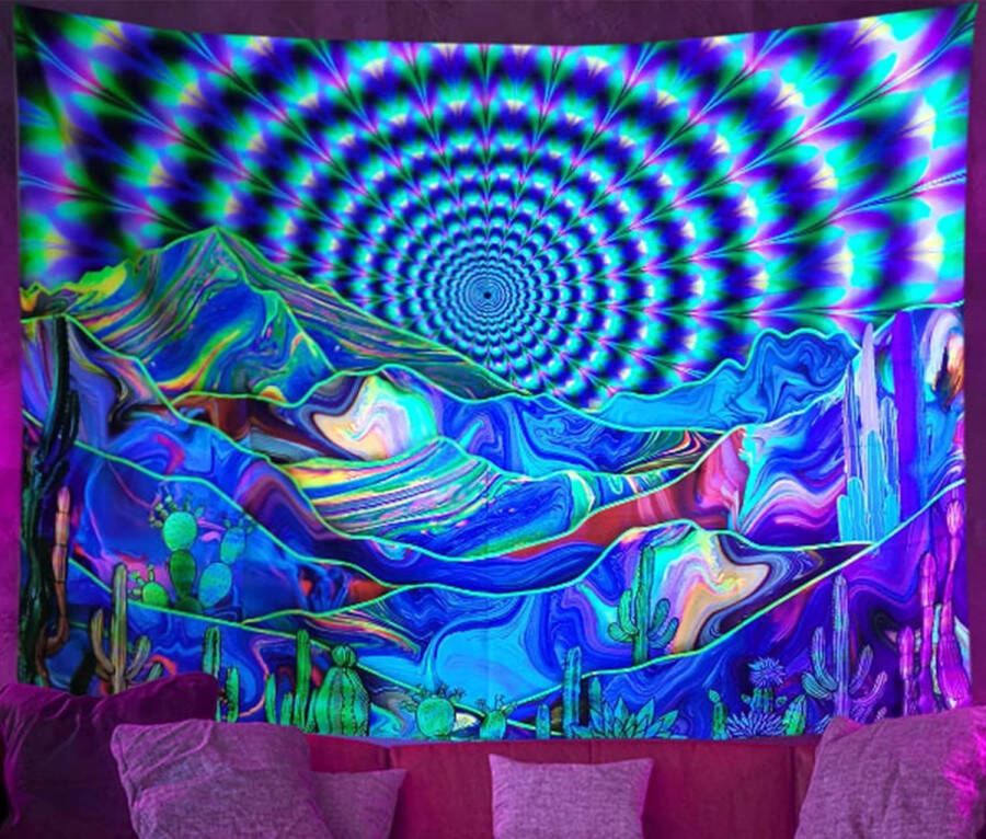 Ulticool Bergen Cactus Zon Glow in the Dark Tapestry Decoratie Magic Psychedelisch Blacklight Party Wandkleed Achtergronddoek 200x150 cm Backdrop UV Lamp Reactive Groot wandtapijt Poster Neon Fluor Verlichting