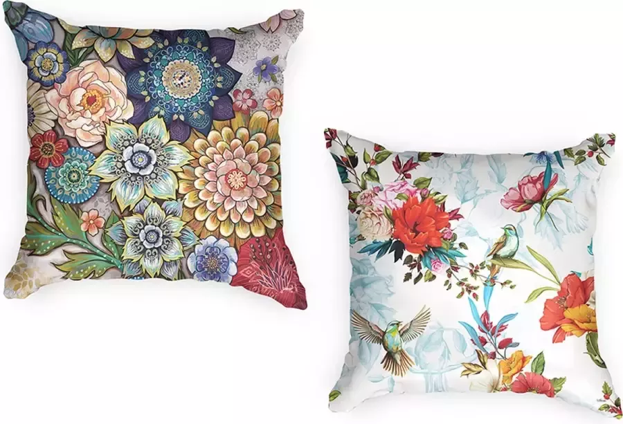 Ulticool Buitenkussens Bloemen Natuur Kunst Vogels Sierkussens Buiten Waterbestendig Set van 2 Kussens 45 x 45 cm Vierkant Exclusief Kussenvulling Tuinkussenhoes Outdoor Hoes – Buiten Tuinkussens voor Decoratie Loungeset Tuin Geel Blauw