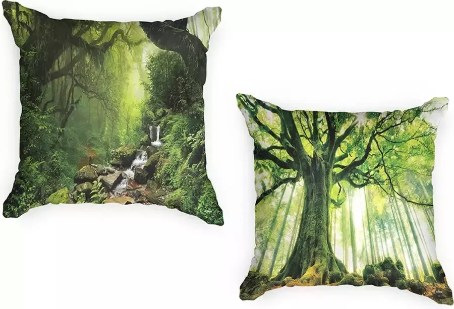 Ulticool Buitenkussens Waterbestendig & Wasbaar Set van 2 Natuur Waterval Bos Planten Zonder Kussenvulling Sierkussens 45x45 cm Tuinkussenhoes Kussenhoesjes – Buiten Tuinkussens Paasdecoratie Loungeset Tuinset Palletbank Palletkussenset Groen
