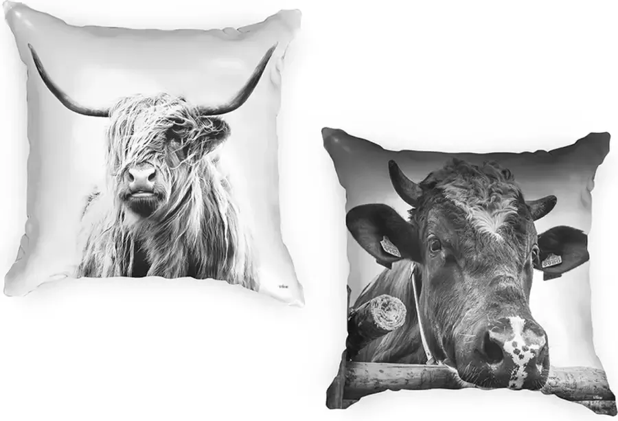 Ulticool Buitenkussens Waterbestendig Set van 2 Schotste Hooglander Koe Zwart Wit Zonder Kussenvulling Sierkussens 45x45 cm Tuinkussenhoes Outdoor Hoes – Buiten Tuinkussens voor Decoratie Loungeset Tuinset Boho Bohemian Dieren Canvas Koeien