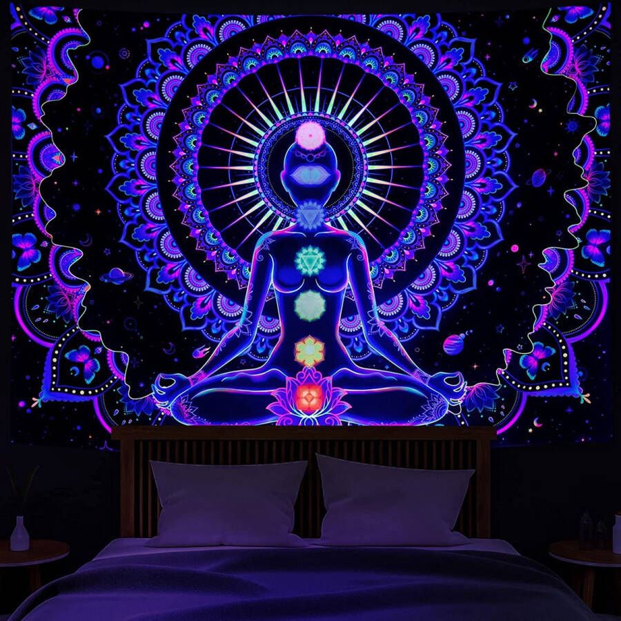 Ulticool Chakra Aura Mandala Meditatie Lotusbloem Glow in the Dark Tapestry Decoratie Magic Psychedelisch Blacklight Party Wandkleed Achtergronddoek 200x150 cm Backdrop UV Lamp Reactive Groot wandtapijt Poster Fluor Neon Verlichting