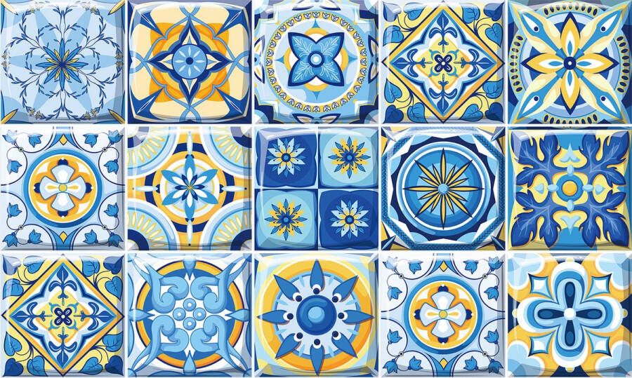 Ulticool Plaktegels Zelfklevende Tegels 15x15 cm Decoratie Sticker Tegels Retro Blauw Servies Design Meubelfolie Folie Keukenkast 15 stuks Plakfolie Tegelstickers Meubel stickers Badkamer Keuken