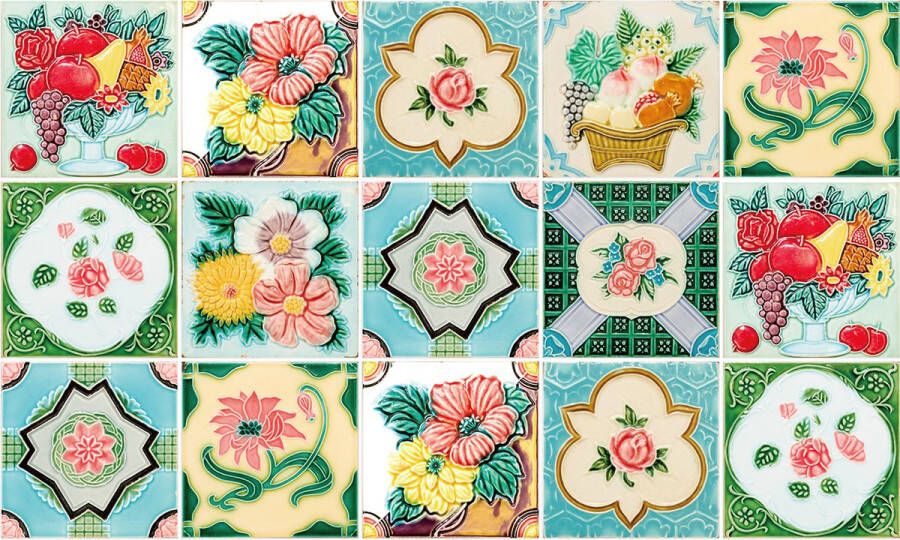 Ulticool Plaktegels Zelfklevende Tegels 15x15 cm Decoratie Sticker Tegels Vintage Oma Spanje Portugal Mexico 15 stuks Meubelfolie Keukenkast Plakfolie Tegelstickers Meubel stickers Decoratiefolie Keuken