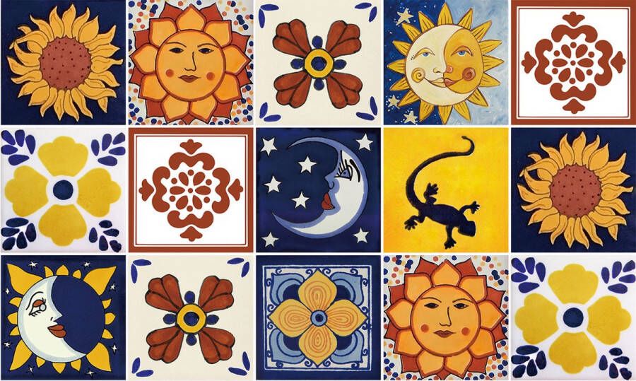 Ulticool Plaktegels Zelfklevende Tegels 15x15 cm Decoratie Sticker Tegels Zon Mexicaans Gekko Mexico 15 stuks Meubelfolie Vierkant Folie Keukenkast Plakfolie Tegelstickers Decoratiefolie Badkamer Keuken