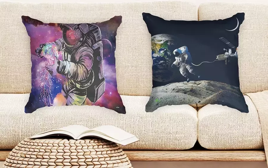 Ulticool Kussenhoes Astronaut boven Aarde Maan Raket Set van 2 stuks Sierkussens 45x45 cm Sierkussenhoes Accessoires Kussentjes Bank voor Decoratie Woonkamer Slaapkamer Jeugdkamer Kinderkamer Babykamer Blauw Paars