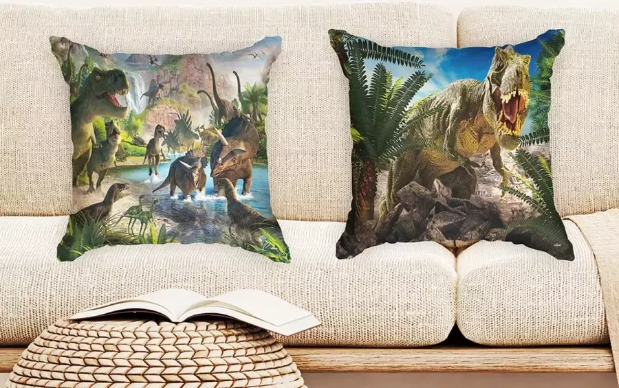 Ulticool Kussenhoes – Dinosaurus Groep T – Rex – Set van 2 Kussens – Exclusief Kussenvulling – Sierkussens 45x45 cm – Sierkussenhoes Kussentjes Bank Decoratie Slaapkamer Kinderkamer Dino Groen – Cadeau Idee – Cadeaupakket – Pakket – Top 10 - Foto 2