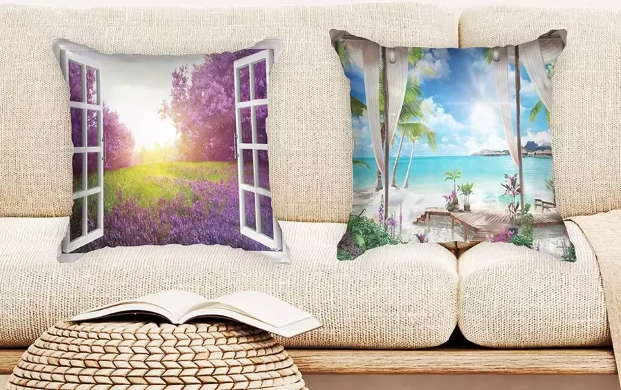Ulticool Kussenhoes Doorkijk Strand Zee Bloemen Lavendel Natuur Set van 2 stuks Sierkussens 45x45 cm Sierkussenhoes Kussentjes Bank voor Decoratie Blauw Wit Lila Cadeau Mama Moeder Vrouw Cadeautje Populair Geschenkset Moederdag Pakket - Foto 2