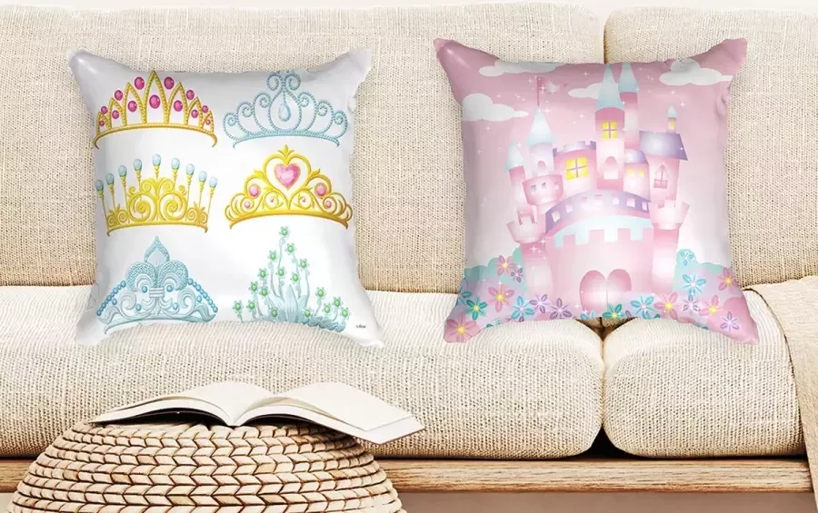 Ulticool Kussenhoes Kasteel Kroontjes Diadeem Set van 2 Kussens Exclusief Kussenvulling Sierkussens 45x45 cm Sierkussenhoes Accessoires Kussentjes Bank voor Decoratie Woonkamer Slaapkamer Jeugdkamer Kinderkamer Babykamer Roze