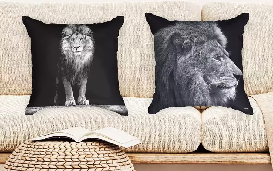 Ulticool Kussenhoes Leeuw Leeuwenkop Set van 2 Kussens Exclusief Kussenvulling Sierkussens 45x45 cm Sierkussenhoes Accessoires Kussentjes Bank voor Decoratie Woonkamer Slaapkamer Kinderkamer Zwart Wit Cadeau Jongen Meisje 13 Jaar 14 Jaar - Foto 2