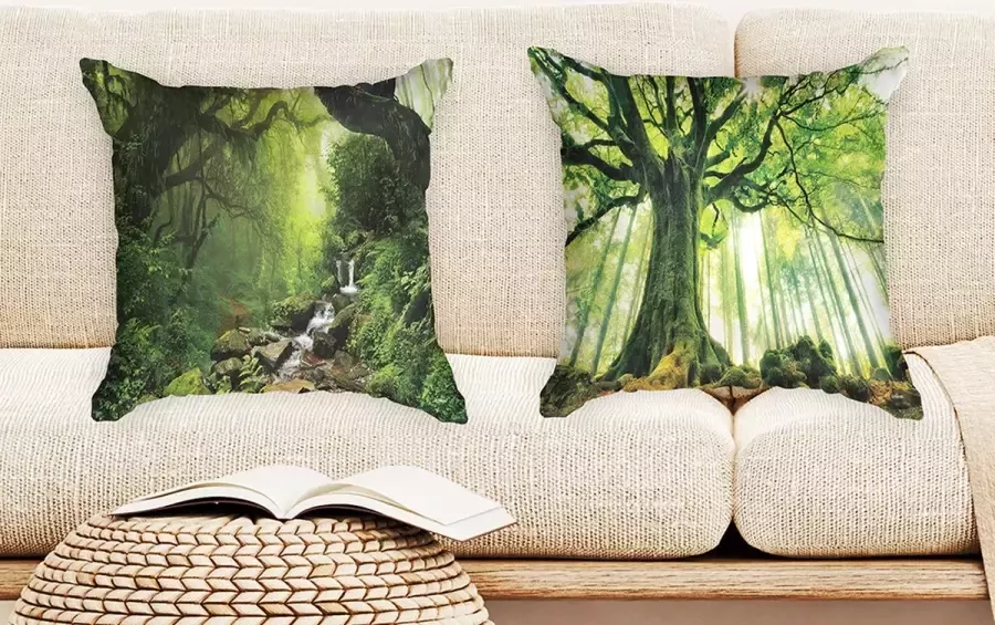 Ulticool Kussenhoes Natuur Bomen Waterval Set van 2 Kussens Exclusief Kussenvulling Sierkussens 45x45 cm Sierkussenhoes Accessoires Kussentjes Bank voor Decoratie Woonkamer Slaapkamer Jeugdkamer Kinderkamer Babykamer Groen