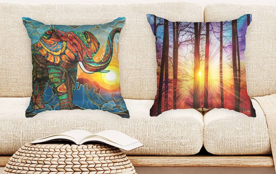 Ulticool Kussenhoes Olifant Zon Boho Bohemian Zonsondergang Set van 2 stuks Sierkussens 45x45 cm Sierkussenhoes Accessoires Kussentjes Bank voor Decoratie Woonkamer Slaapkamer Jeugdkamer Kinderkamer Babykamer Oranje Paars Blauw Geel