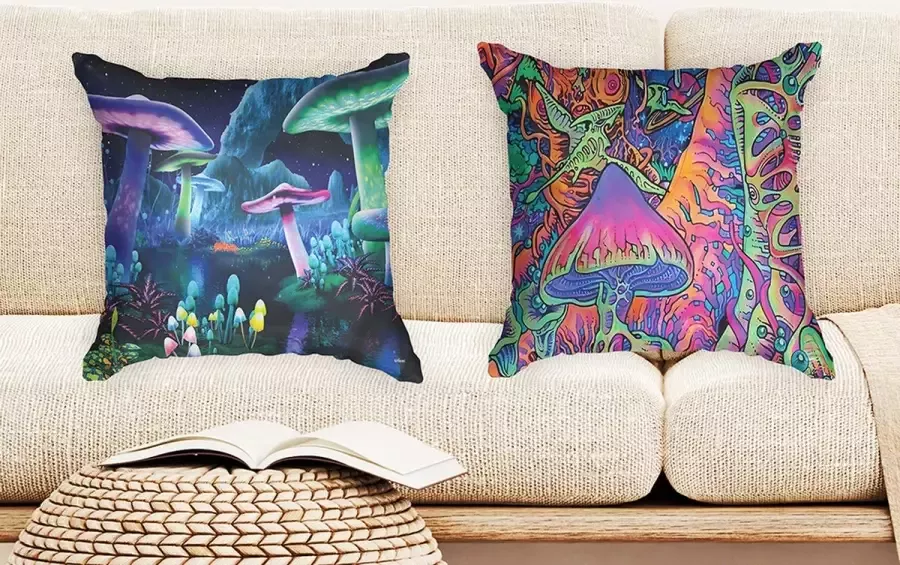 Ulticool Kussenhoes Paddenstoel Mushroom Trippie Paddo Cannabis Wiet Set van 2 Kussens Exclusief Kussenvulling Sierkussens 45x45 cm Sierkussenhoes Accessoires Kussentjes Bank voor Decoratie Woonkamer Slaapkamer Neon Blauw Zwart