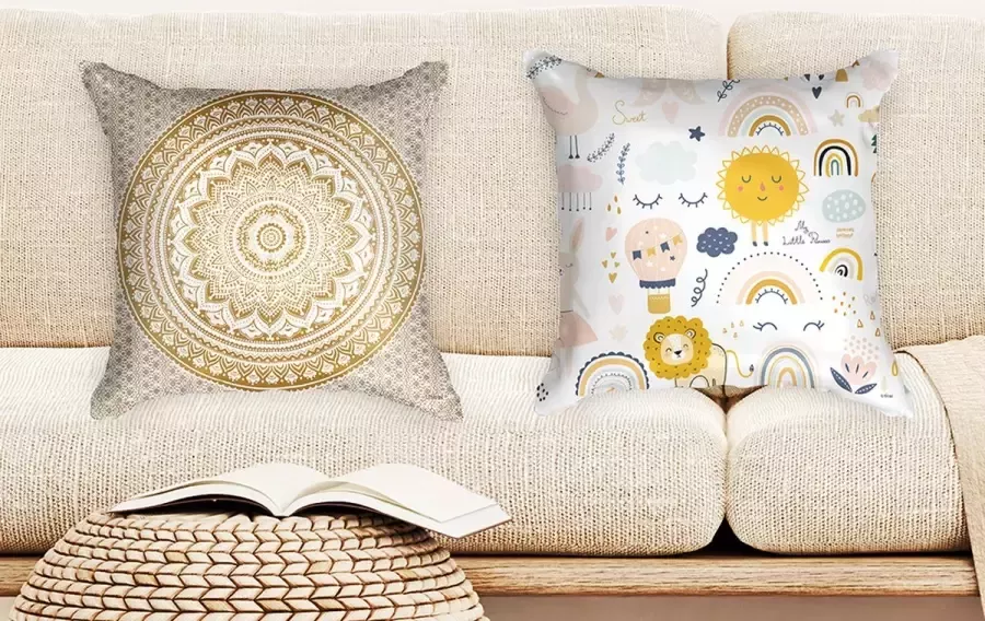 Ulticool Kussenhoes Regenboog Dieren Kinderkamer Mandala Hippie Set van 2 Kussens Exclusief Kussenvulling Sierkussens 45x45 cm Sierkussenhoes Accessoires Kussentjes Bank Pasen Decoratie Woonkamer Slaapkamer Kinderkamer Babykamer Goud
