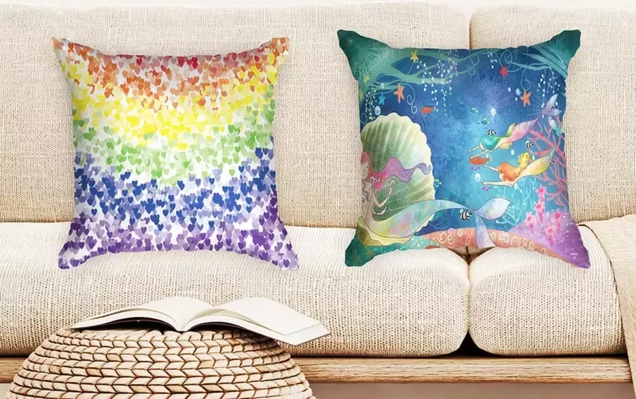 Ulticool Kussenhoes Regenboog Hartjes Zeemeermin Set van 2 Kussens Exclusief Kussenvulling Sierkussens 45x45 cm Sierkussenhoes Accessoires Kussentjes Bank voor Decoratie Woonkamer Slaapkamer Kinderkamer Babykamer Meisje Jongen