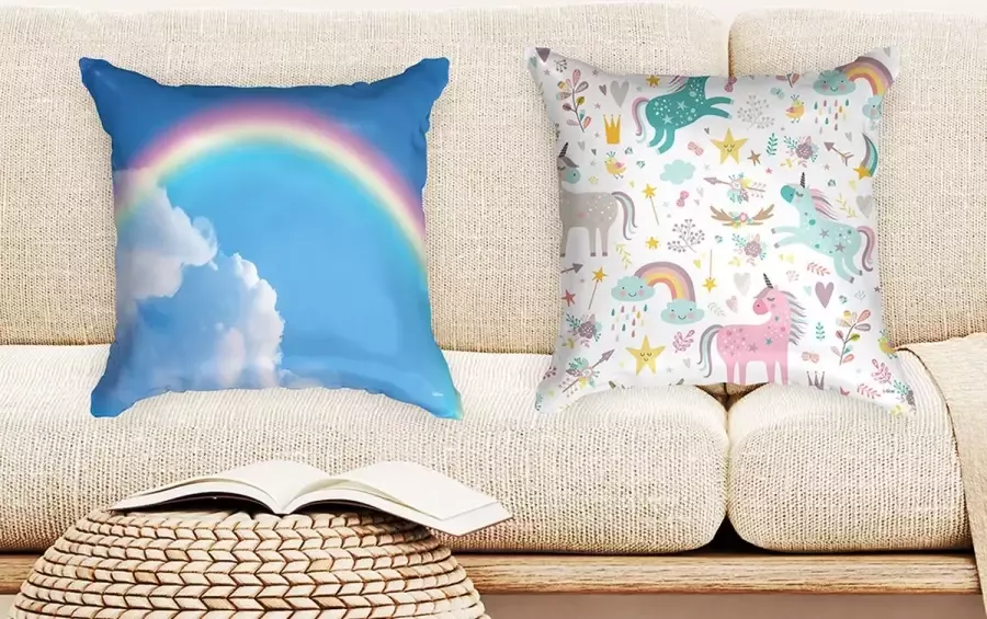 Ulticool Kussenhoes Regenboog Kinderkamer Decoratie Unicorn Eenhoorn Set van 2 Kussens Exclusief Kussenvulling Sierkussens 45x45 cm Sierkussenhoes Accessoires Kussentjes Bank voor Decoratie Slaapkamer Kinderkamer Babykamer Roze Blauw