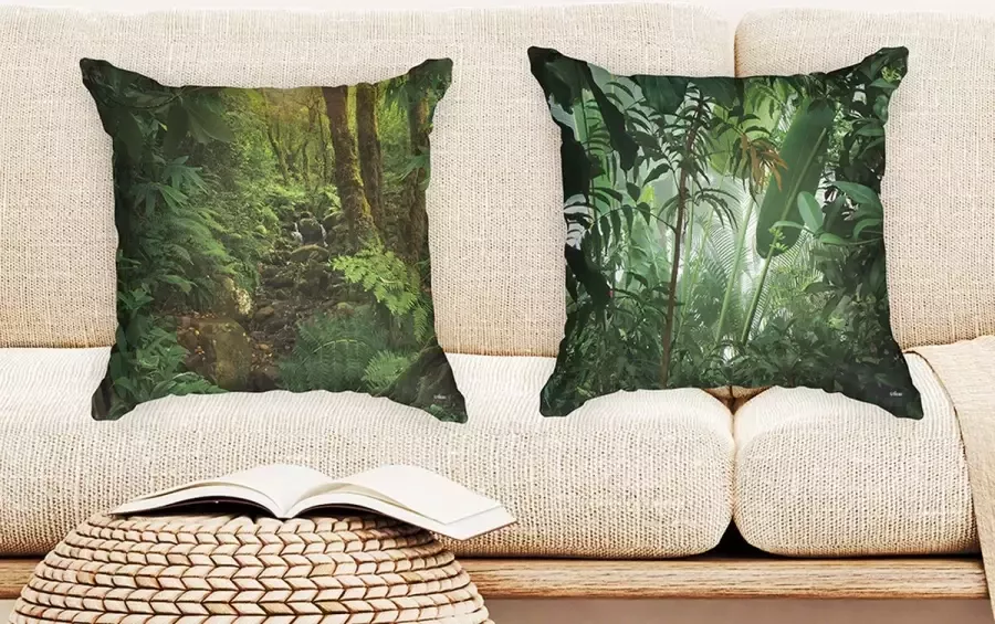 Ulticool Kussenhoes Regenwoud Natuur Eco Planten Set van 2 Kussens Exclusief Kussenvulling Sierkussens 45x45 cm Sierkussenhoes Accessoires Kussentjes Bank voor Decoratie Woonkamer Slaapkamer Jeugdkamer Kinderkamer Babykamer Groen