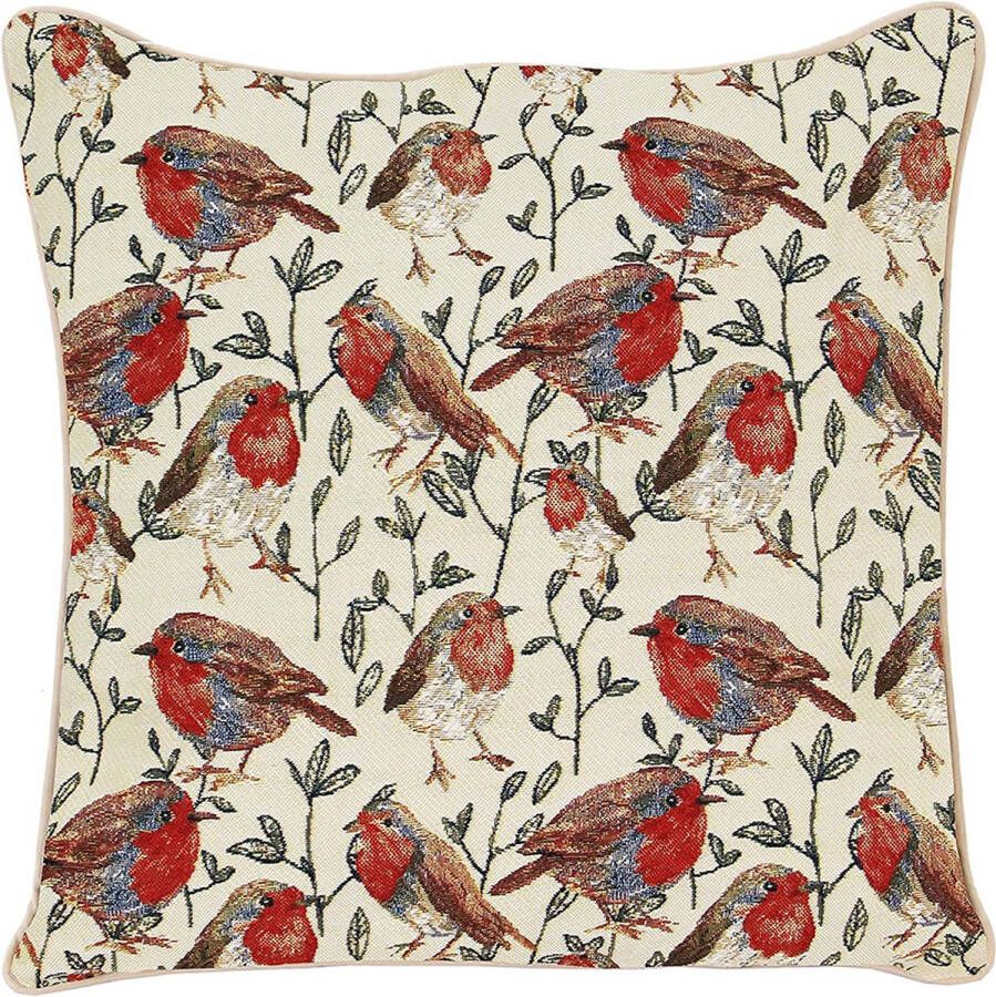 Ulticool Kussenhoes Roodborstje Vogel Tak Groen Jacquard Gobelin stof Exclusief Kussenvulling Sierkussen 45x45 cm Sierkussenhoes Accessoires Kussentjes Bank voor Decoratie Woonkamer Slaapkamer – Wit Rood Bruin