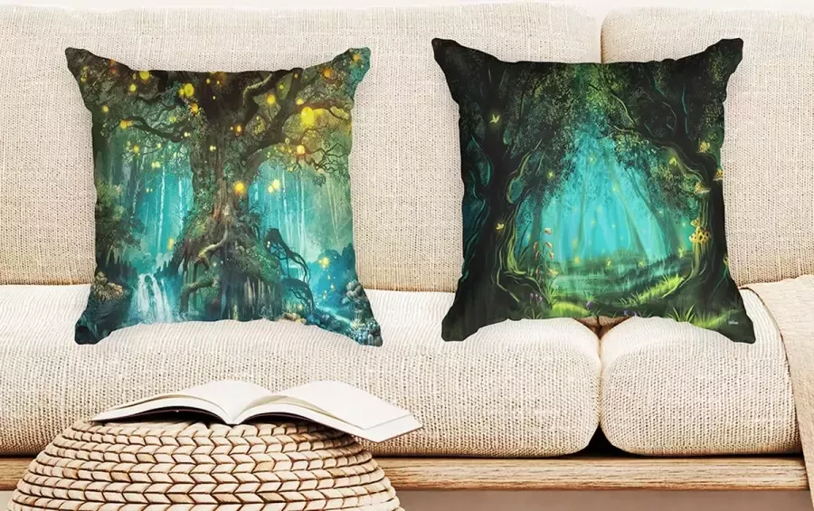 Ulticool Kussenhoes Sprookje Elf Boom Magisch Bos Natuur Set van 2 Kussens Exclusief Kussenvulling Sierkussens 45x45 cm Sierkussenhoes Accessoires Kussentjes Bank voor Decoratie Woonkamer Slaapkamer Jeugdkamer Kinderkamer Groen