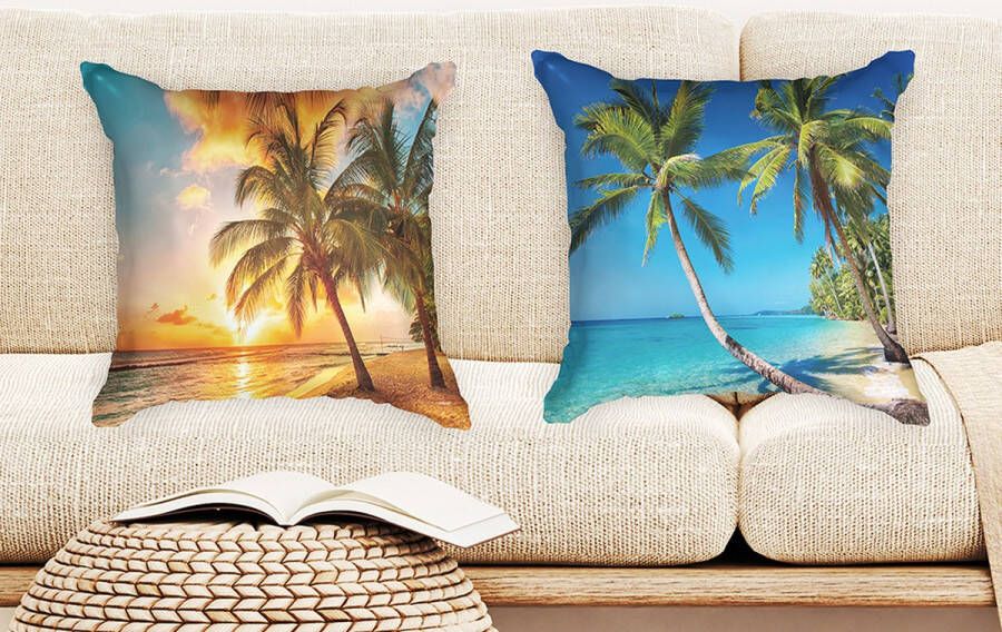 Ulticool Kussenhoes Strand Natuur Zee Eiland Palmboom Tropisch Zonsondergang Set van 2 Kussens Exclusief Kussenvulling Sierkussens 45x45 cm Sierkussenhoes Accessoires Kussentjes Bank Decoratie Woonkamer Slaapkamer Kinderkamer Babykamer