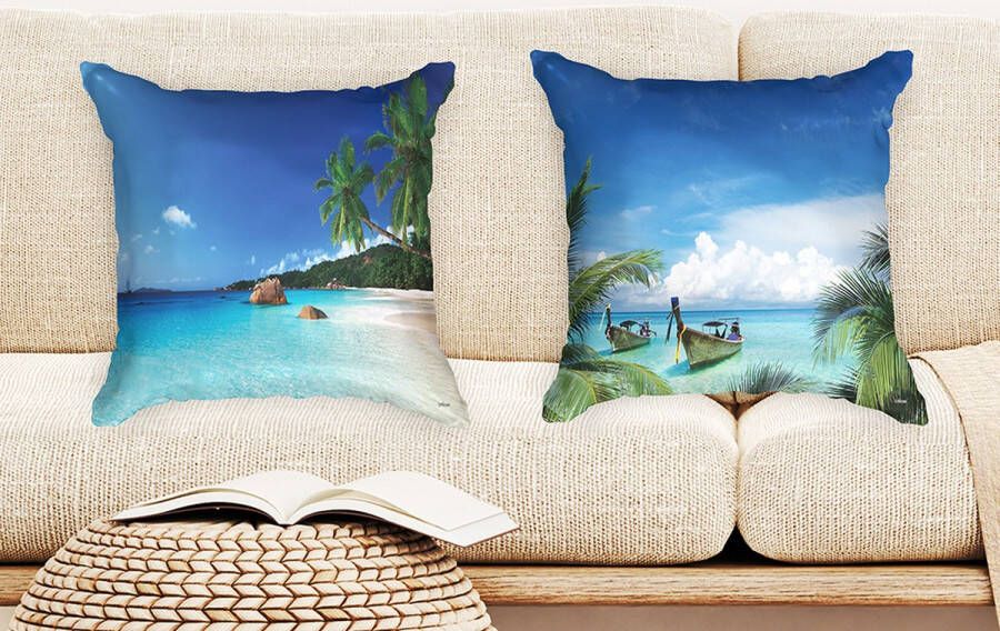 Ulticool Kussenhoes Strand Zee Palmboom Zomer Tropisch Set van 2 Kussens Exclusief Kussenvulling Sierkussens 45x45 cm Sierkussenhoes Accessoires Kussentjes Bank voor Decoratie Woonkamer Slaapkamer Jeugdkamer Kinderkamer Babykamer Blauw