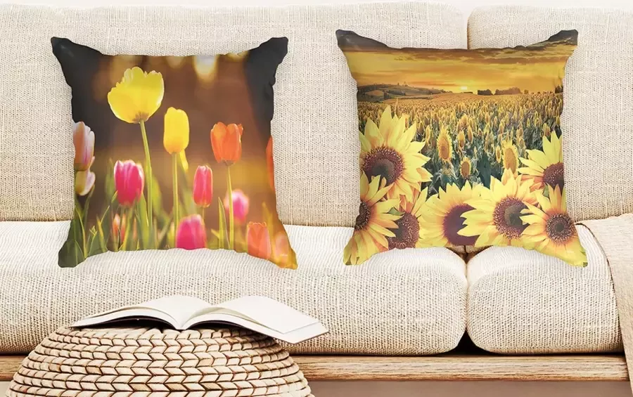 Ulticool Kussenhoes Tulpen Bloemen Natuur Zonnebloem Zon Zomer Exclusief Kussenvulling Set van 2 stuks Sierkussens 45x45 cm Sierkussenhoes Accessoires Kussentjes Bank voor Decoratie Woonkamer Slaapkamer Kinderkamer Geel Roze Oranje