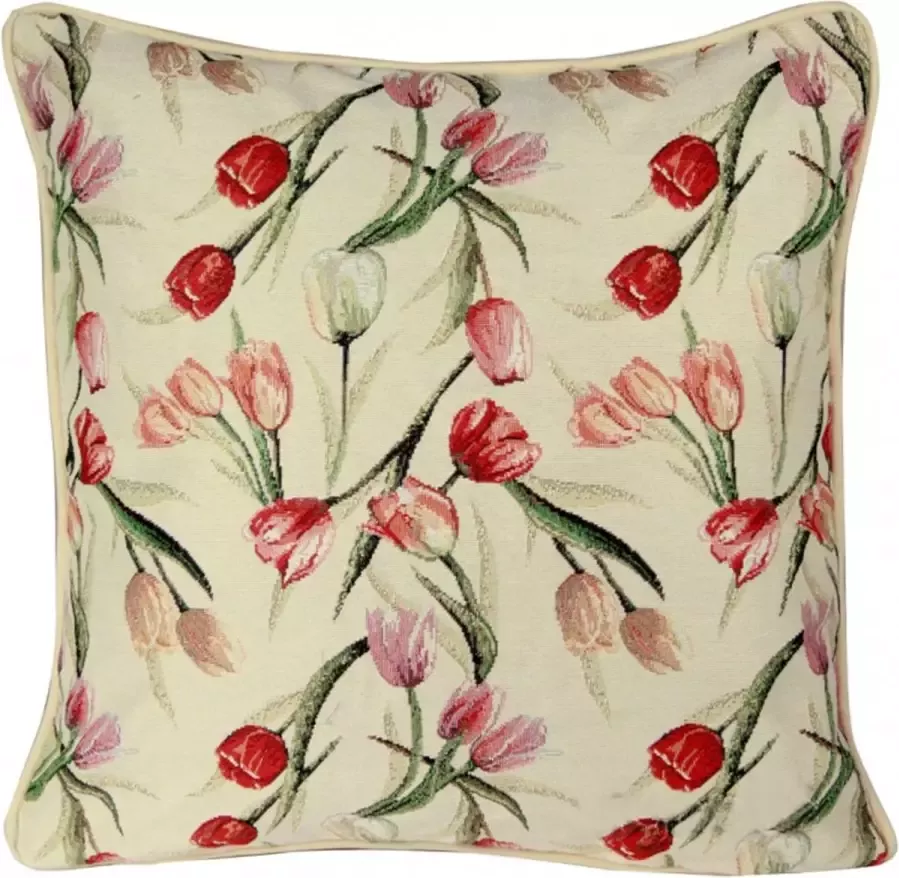 Ulticool Kussenhoes Tulpen Bos Bloemen Pastel Jacquard Gobelin stof Exclusief Kussenvulling Sierkussen 45x45 cm Sierkussenhoes Accessoires Kussentjes Bank voor Decoratie Woonkamer Slaapkamer Roze Rood