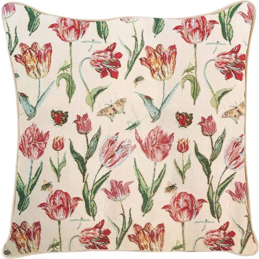 Ulticool Kussenhoes Tulpen Vlinder Bloemen Jacquard Gobelin stof Exclusief Kussenvulling Sierkussen 45x45 cm Sierkussenhoes Accessoires Kussentjes Bank voor Decoratie Woonkamer Slaapkamer – Beige