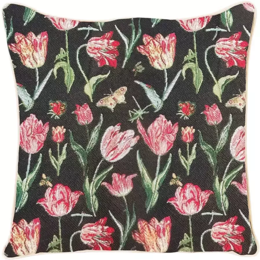 Ulticool Kussenhoes Tulpen Zwart Vlinder Bloemen Jacquard Gobelin Exclusief Kussenvulling Sierkussen 45x45 cm Sierkussenhoes Pasen Decoratie Paasdecoratie Lente Tulpenbollen Kussentjes Bank voor Decoratie Woonkamer Slaapkamer – Rood Groen