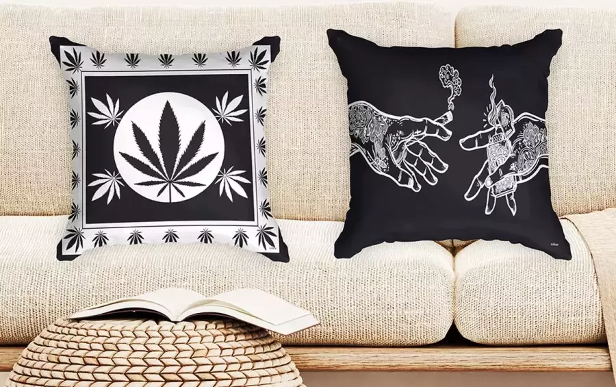 Ulticool Kussens Set van 2 Wiet Cannabis Jonko Joint Zonder Kussenvulling Sierkussens 45x45 cm Kussenhoes Kussenhoesjes Kussentjes Bank Decoratie Woonkamer Slaapkamer Tuin Palletkussenset Accessoires CBD THC Grinder Crusher Olie Roller Zakjes - Foto 2