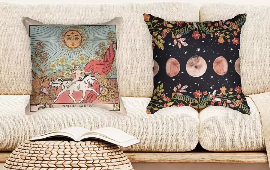 Ulticool Kussenhoes Zon Bloemen Tarot Kaarten Horoscoop Vintage Retro Set van 2 Kussens Exclusief Kussenvulling Sierkussens 45x45 cm Sierkussenhoes Accessoires Kussentjes Bank voor Decoratie Woonkamer Slaapkamer Jeugdkamer Kinderkamer - Foto 2