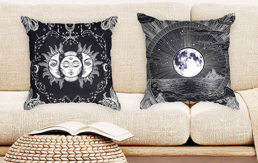 Ulticool Kussenhoes Zon Maan Zodiac Tarot Natuur Bohemian Set van 2 Kussens Exclusief Kussenvulling Sierkussens 45x45 cm Sierkussenhoes Accessoires Kussentjes Bank voor Decoratie Woonkamer Slaapkamer Jeugdkamer Babykamer Zwart Wit