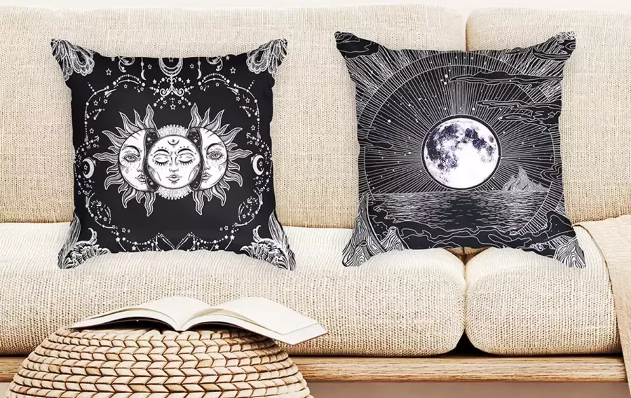Ulticool Kussenhoes Set van 2 Zon Maan Sterrenhemel Natuur Bohemian Zonder Kussenvulling Sierkussens 45x45 cm Sierkussenhoes Accessoires Kussentjes Bank voor Decoratie Woonkamer Slaapkamer Tarot Kaarten Zwart Cadeau Idee Tiener Meisje - Foto 2