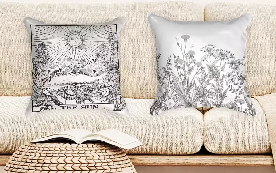 Ulticool Kussenhoes Zon Natuur Bloemen Tarot Kaarten Vintage Retro Set van 2 Kussens Exclusief Kussenvulling Sierkussens 45x45 cm Sierkussenhoes Accessoires Kussentjes Bank voor Decoratie Woonkamer Slaapkamer Jeugdkamer Zwart Wit - Foto 2